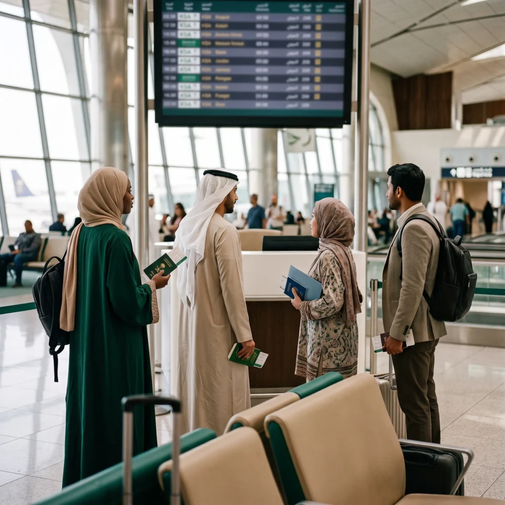 UK Muslims checking Saudi visa eligibility at airport